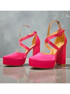 Bright Fuchsia Satin Platform High Heel Ankle Strap Pumps